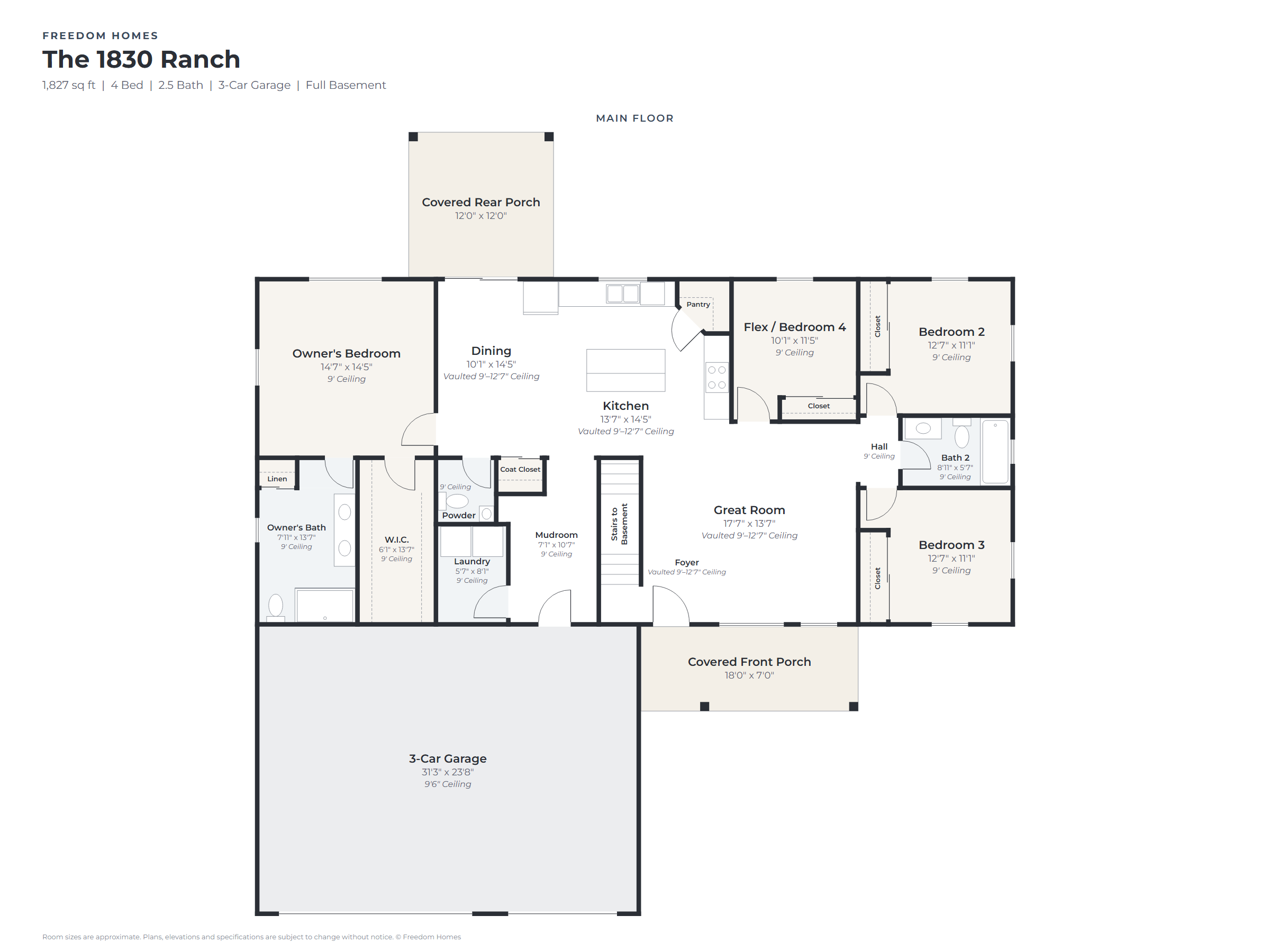 The 1830 Ranch main floor floor plan with room names and dimensions