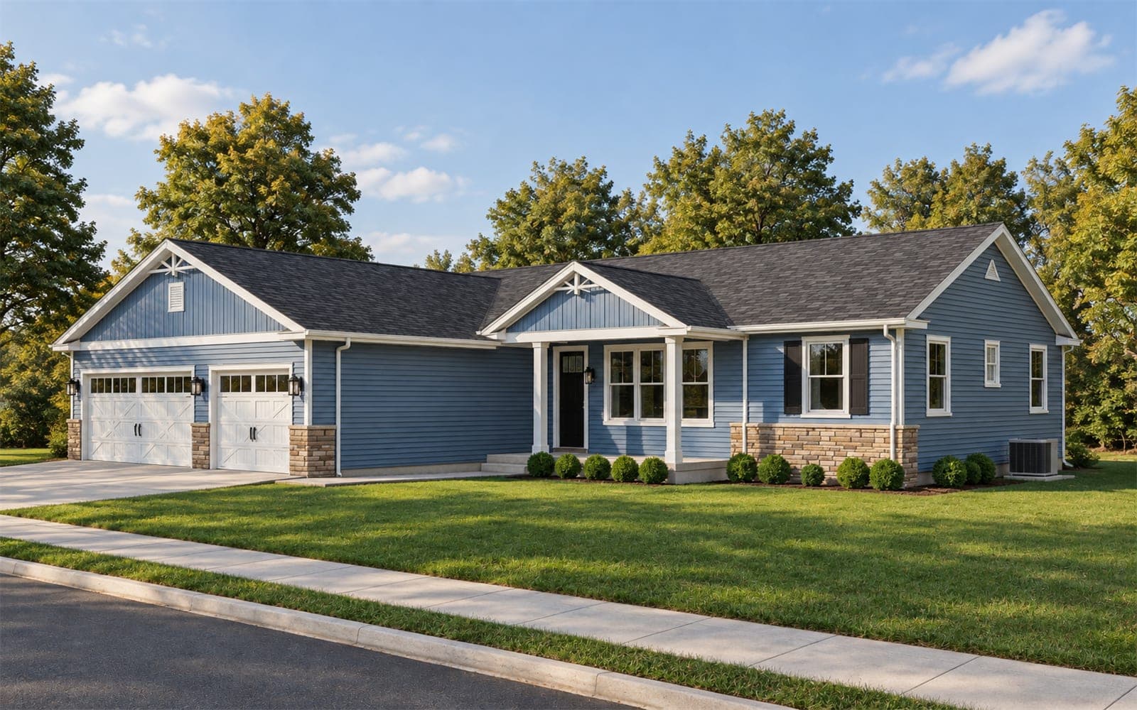Single-story blue ranch home with white trim, stone accents and a covered front porch beside a front-facing three-car garage