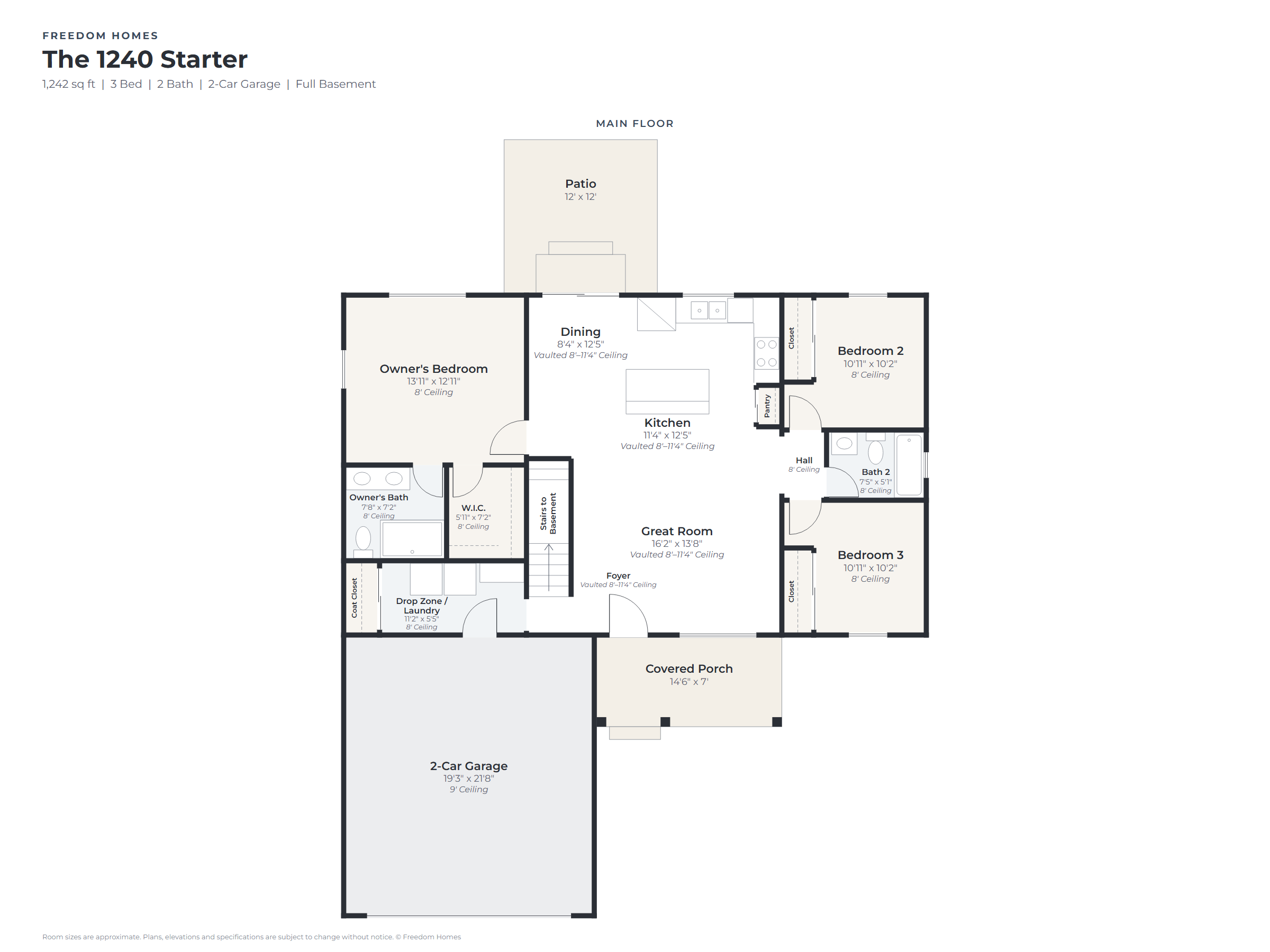 The 1240 Starter main floor floor plan with room names and dimensions