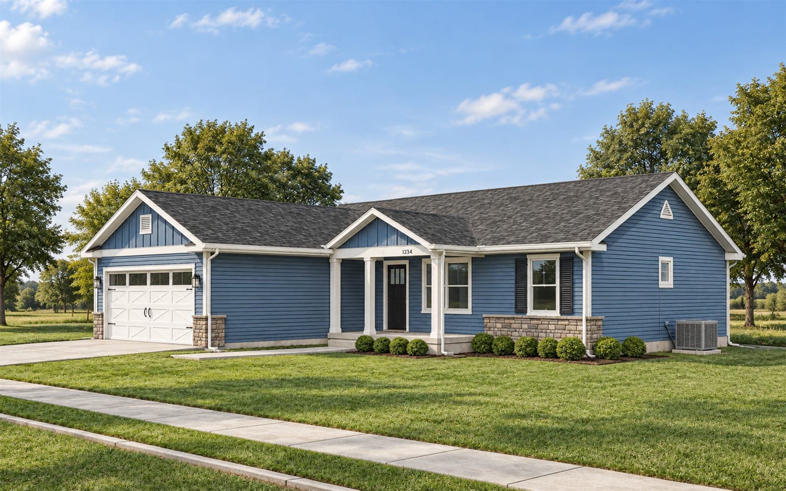 Single-story blue ranch home with white trim, stone wainscot and a covered front porch beside a front-facing two-car garage