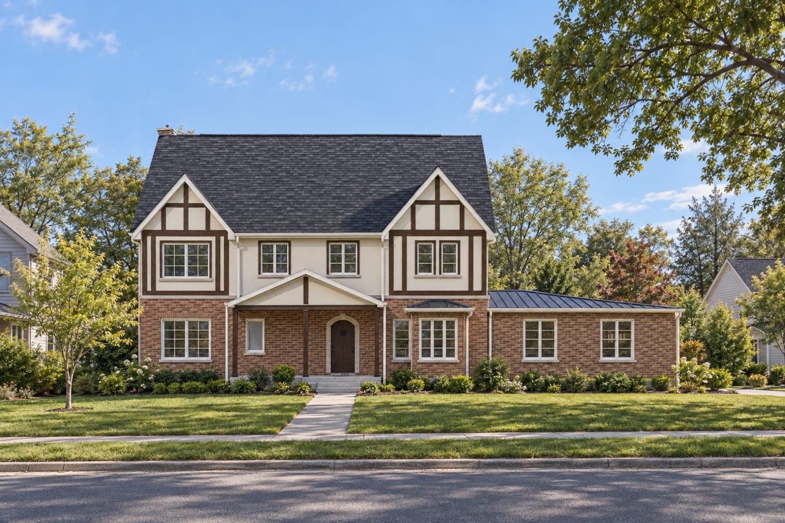Front of a two-story Tudor with brick lower walls, cream stucco and dark half-timbering in steep front gables, and an arched front door