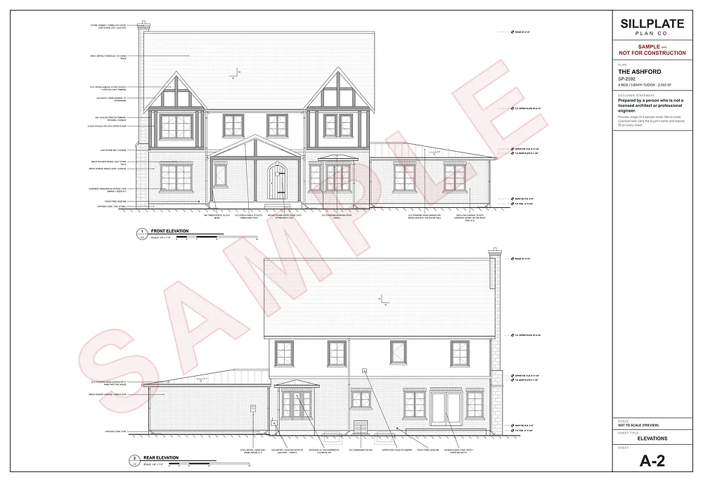 The Ashford, sheet A-2, front + rear elevations (watermarked sample)