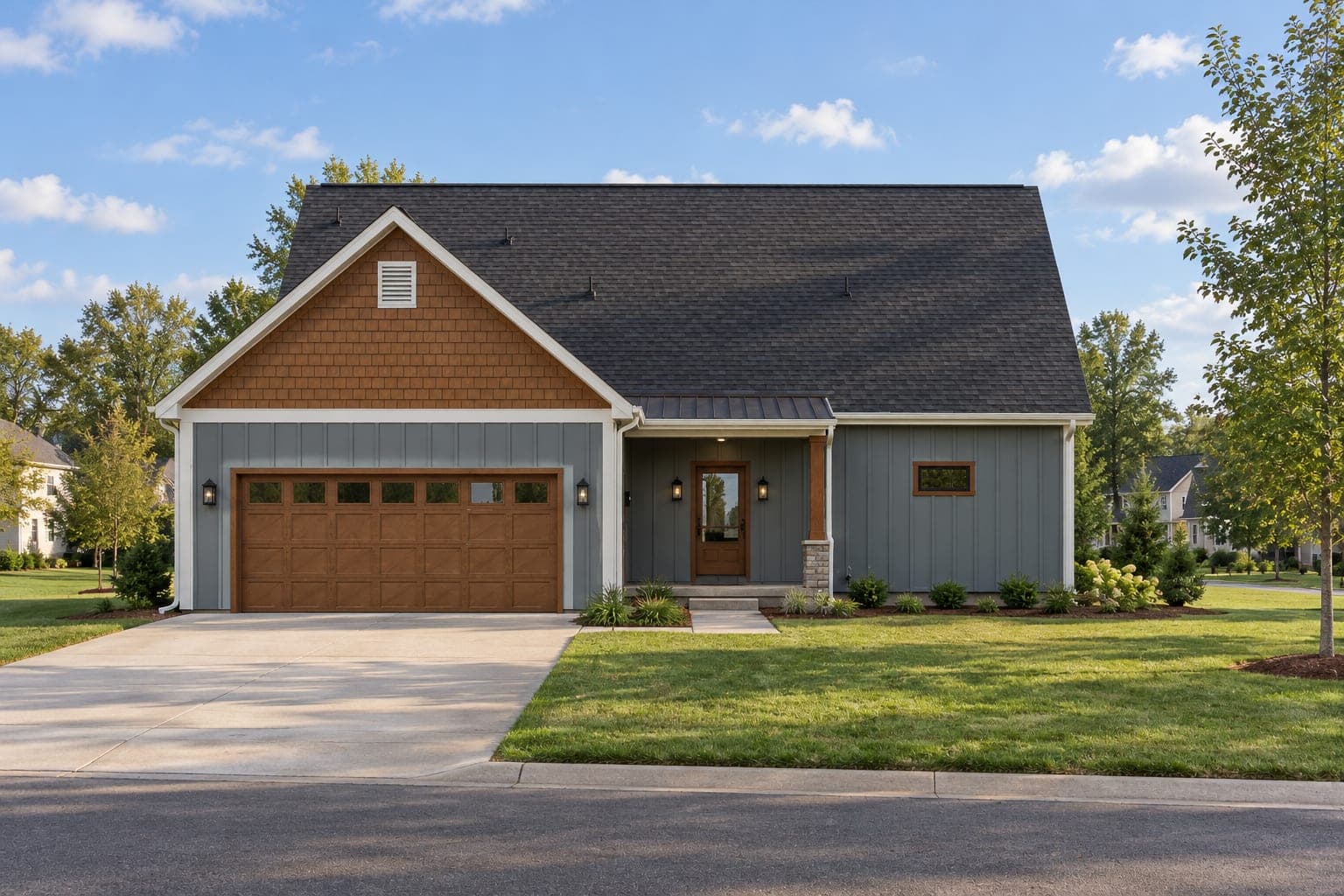 Front of a gray board-and-batten lake house with a cedar shake gable, a wood-tone two-car garage door and a small covered entry