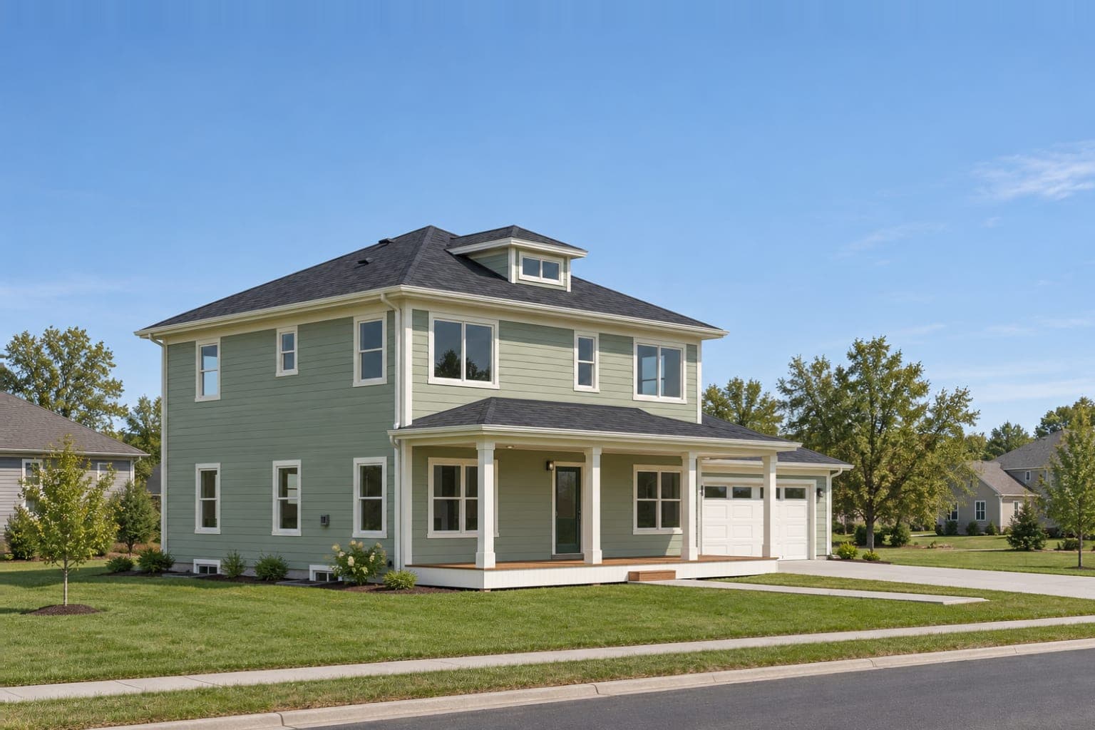 Sage-green Foursquare from the front corner, showing the hip roof and the porch along the front