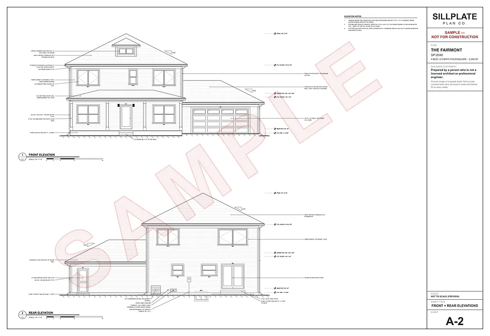 The Fairmont, sheet A-2, front + rear elevations (watermarked sample)