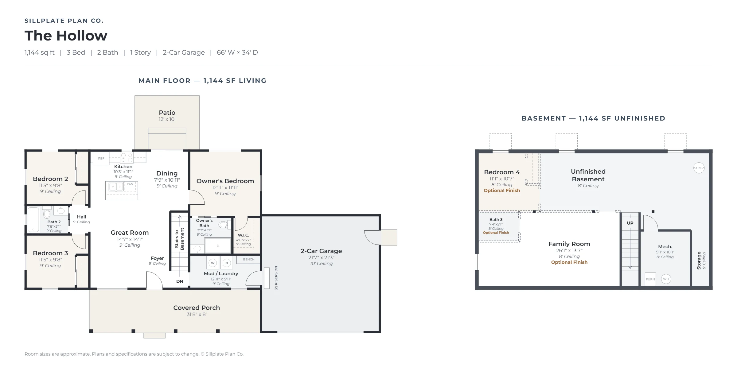 The Hollow floor plan: main floor and basement, with room names, sizes and ceiling heights