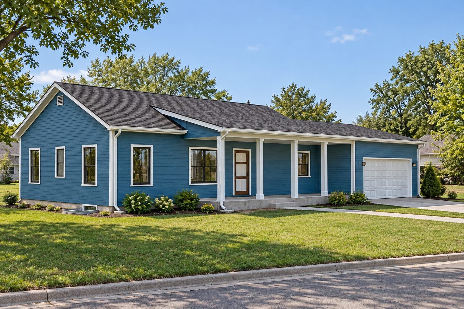 Blue ranch seen from the front corner, showing the side gable and the full-length front porch