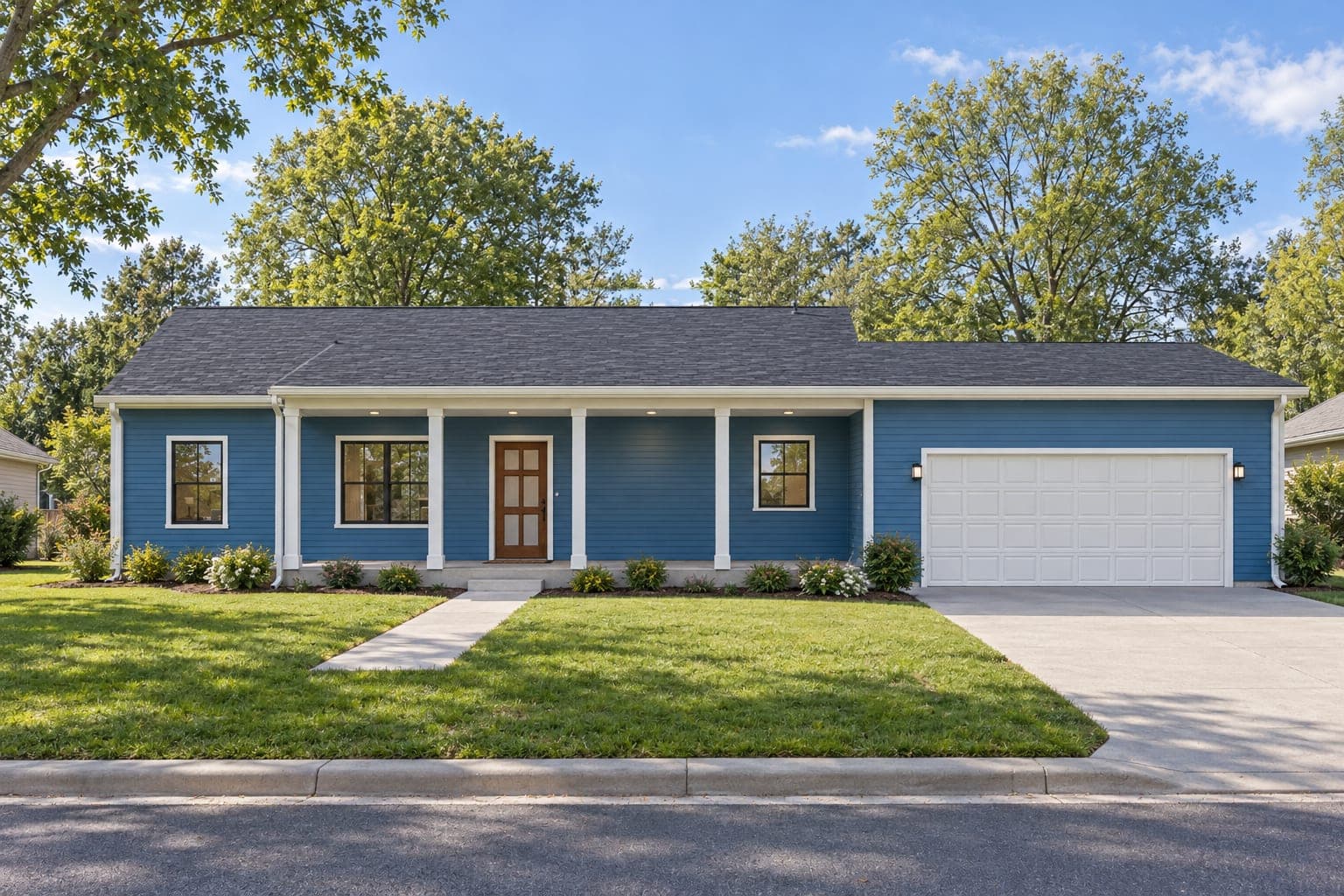 Front of a blue single-story ranch with a long covered porch on white columns, a wood front door and a two-car garage on the right