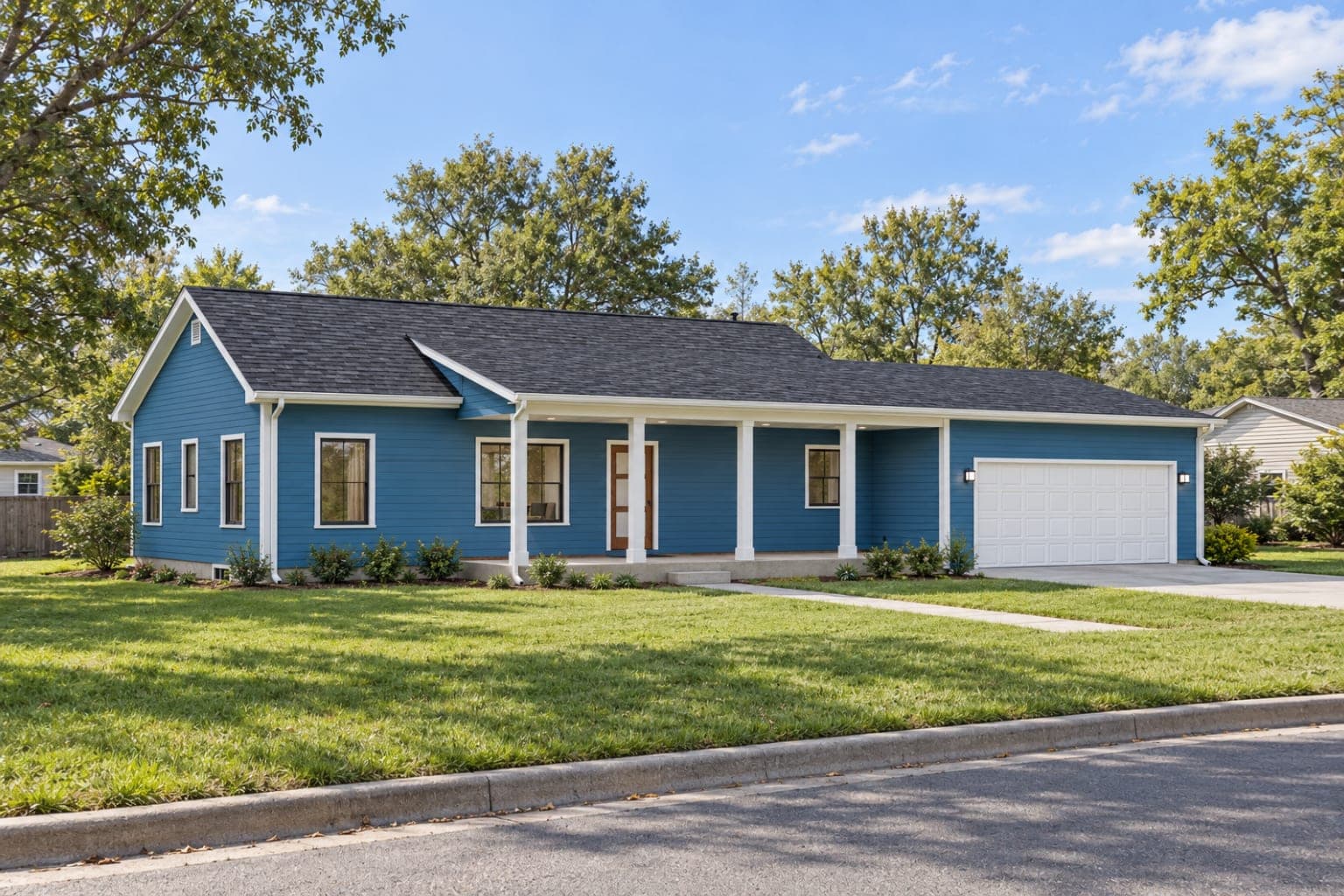 Blue ranch from the street with its covered front porch, lawn and two-car garage
