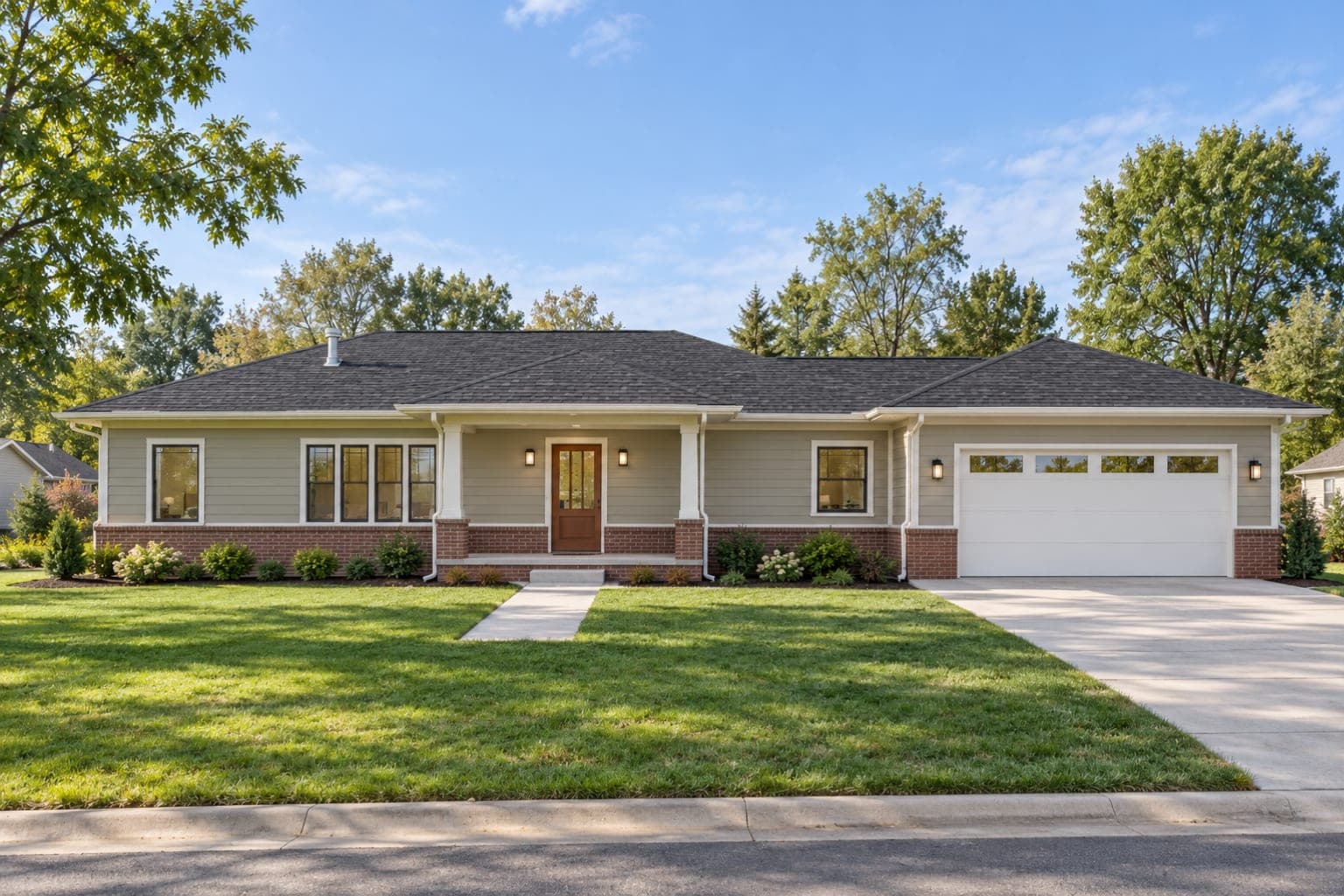 Front of a sage-green Prairie-style ranch with a low hip roof, brick wainscot, a wood front door and a two-car garage