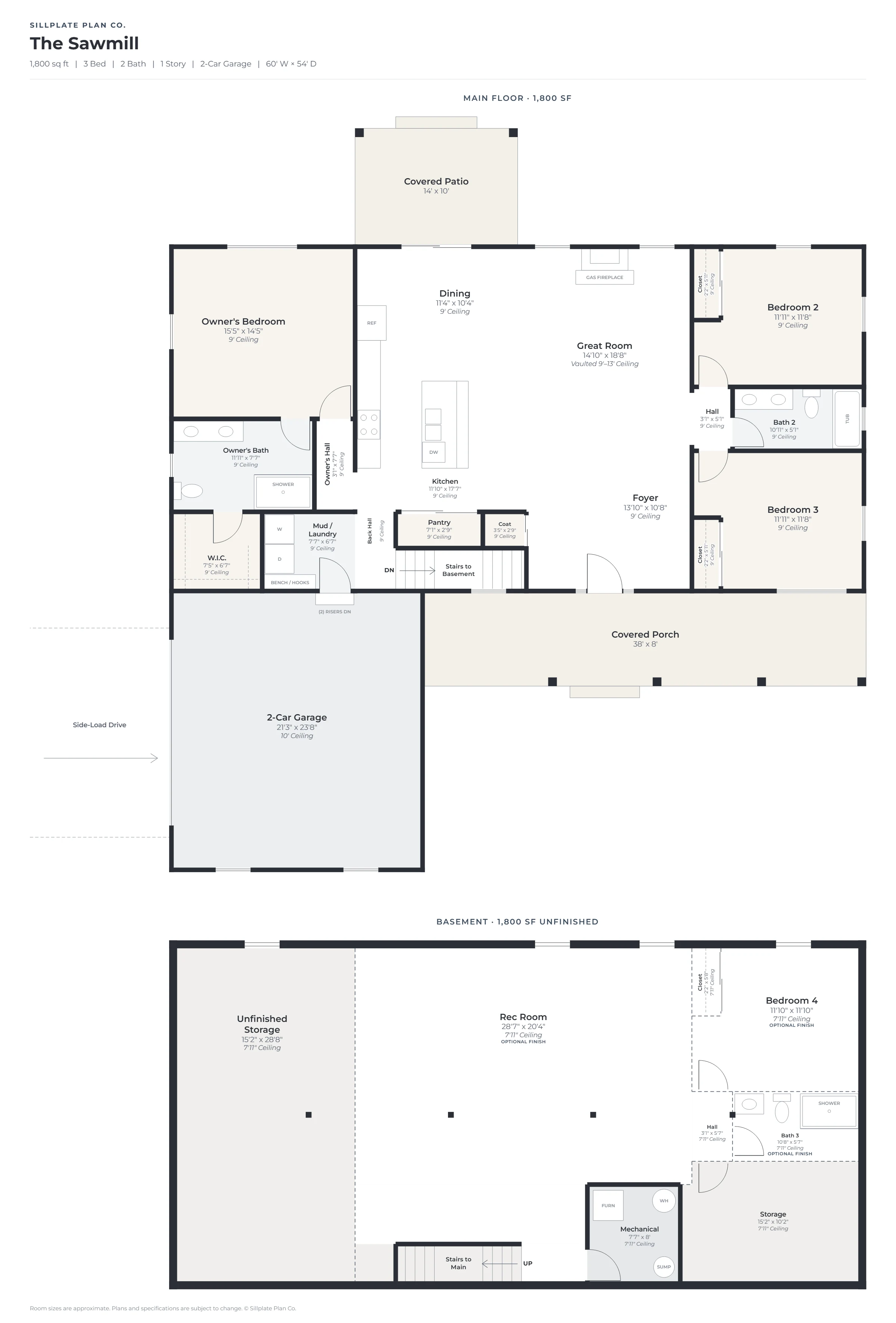 The Sawmill floor plan: main floor and basement, with room names, sizes and ceiling heights