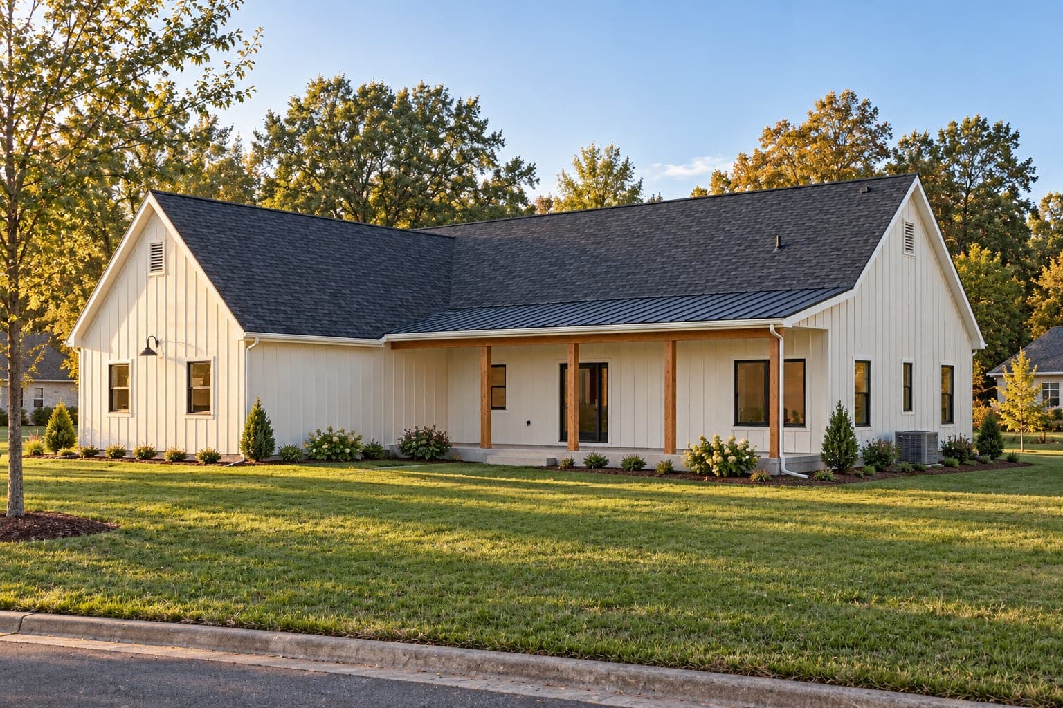 White modern farmhouse ranch from the front corner, showing the front gables and long covered porch