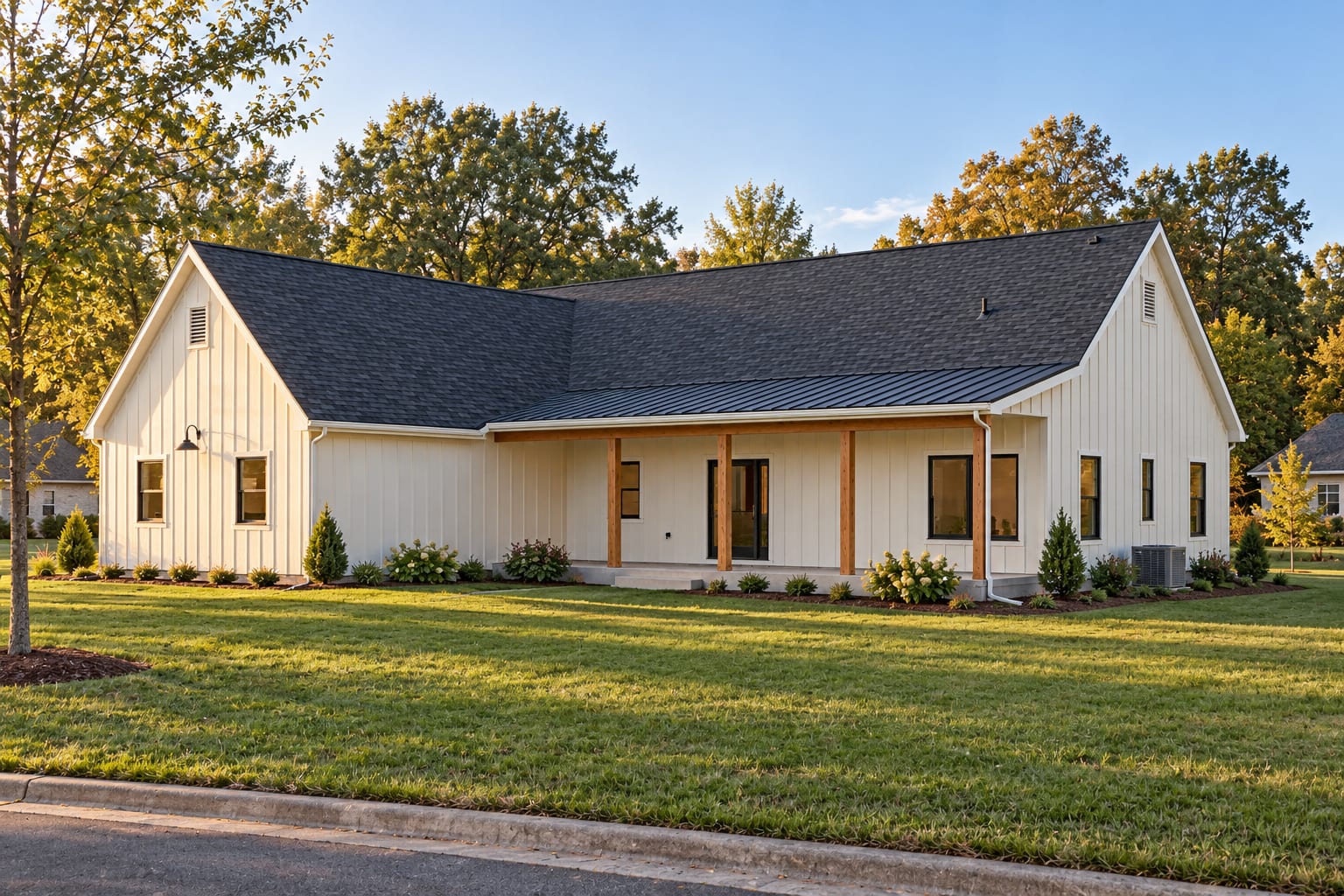 White modern farmhouse ranch from the front corner, showing the front gables and long covered porch