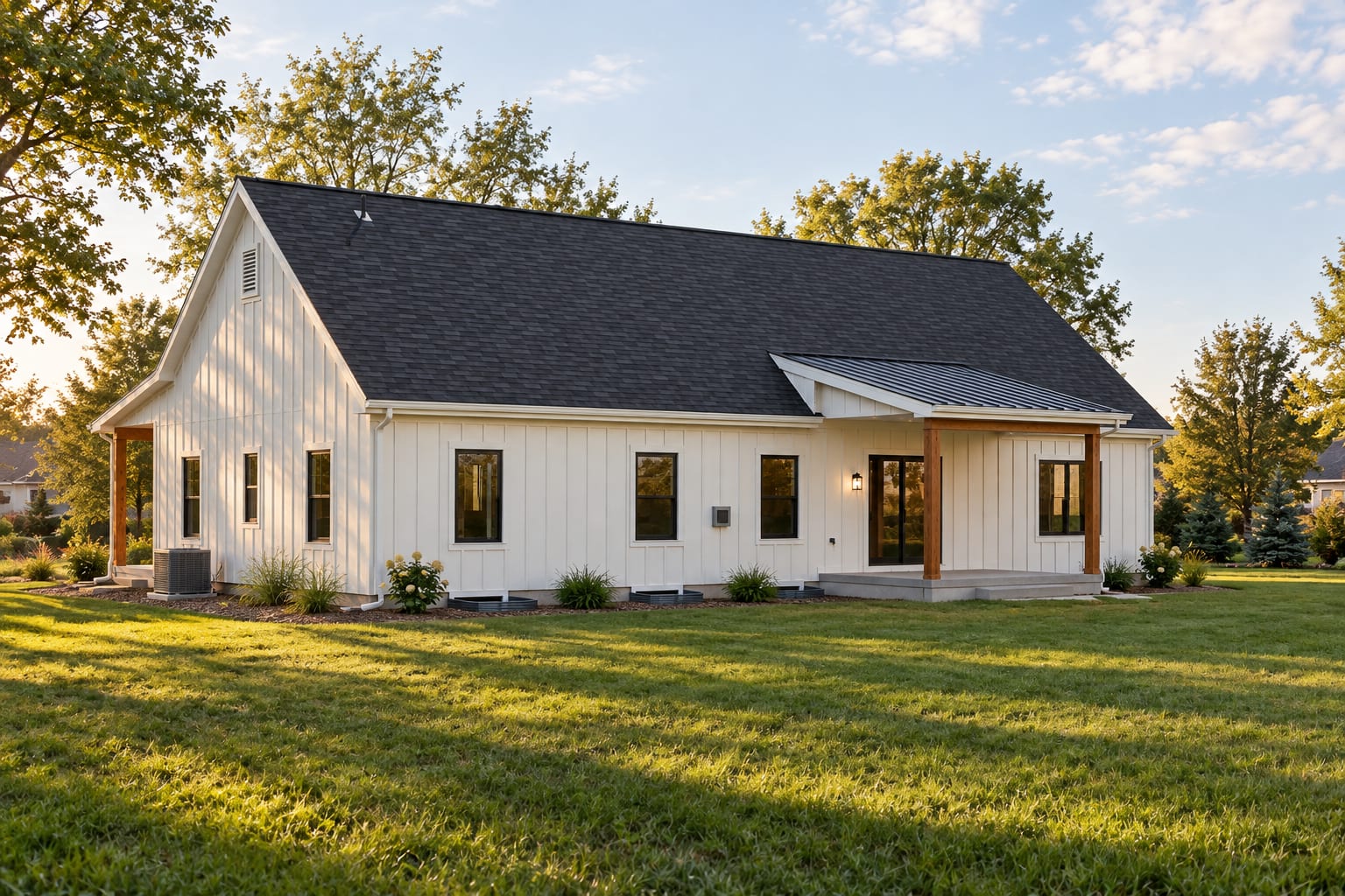 Back of the white modern farmhouse ranch with a covered rear patio on cedar posts