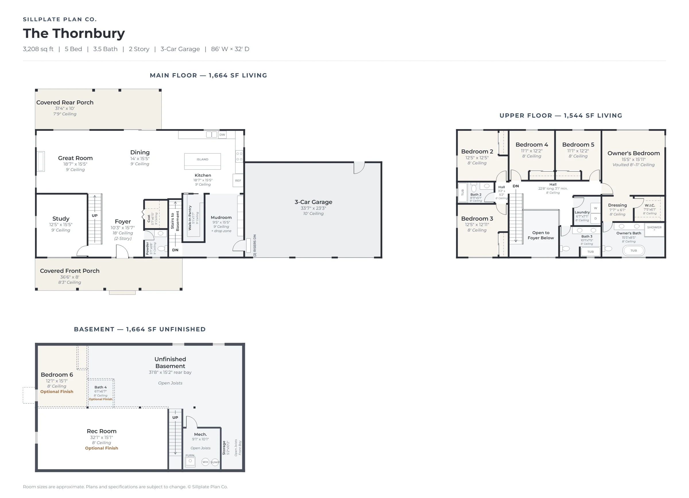 The Thornbury floor plan: main floor, upper floor and basement, with room names, sizes and ceiling heights