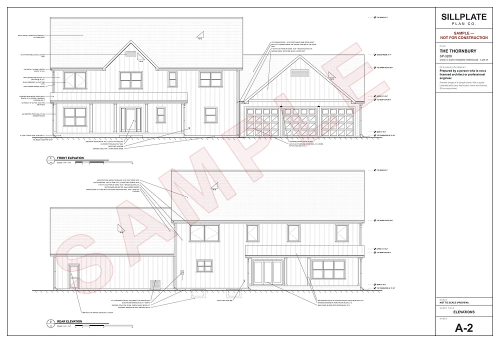 The Thornbury, sheet A-2, front + rear elevations (watermarked sample)