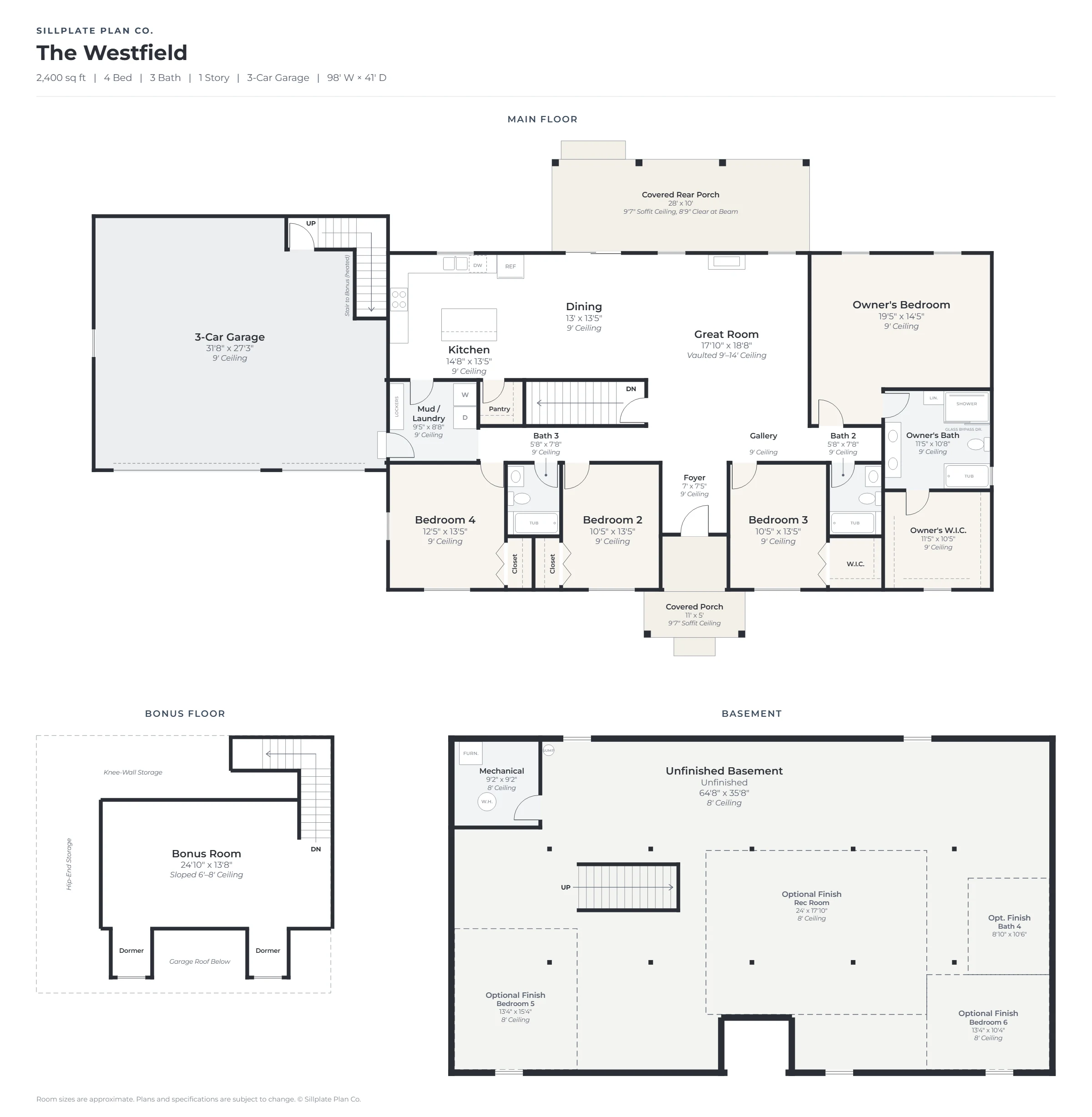 The Westfield floor plan: main floor, bonus room and basement, with room names, sizes and ceiling heights
