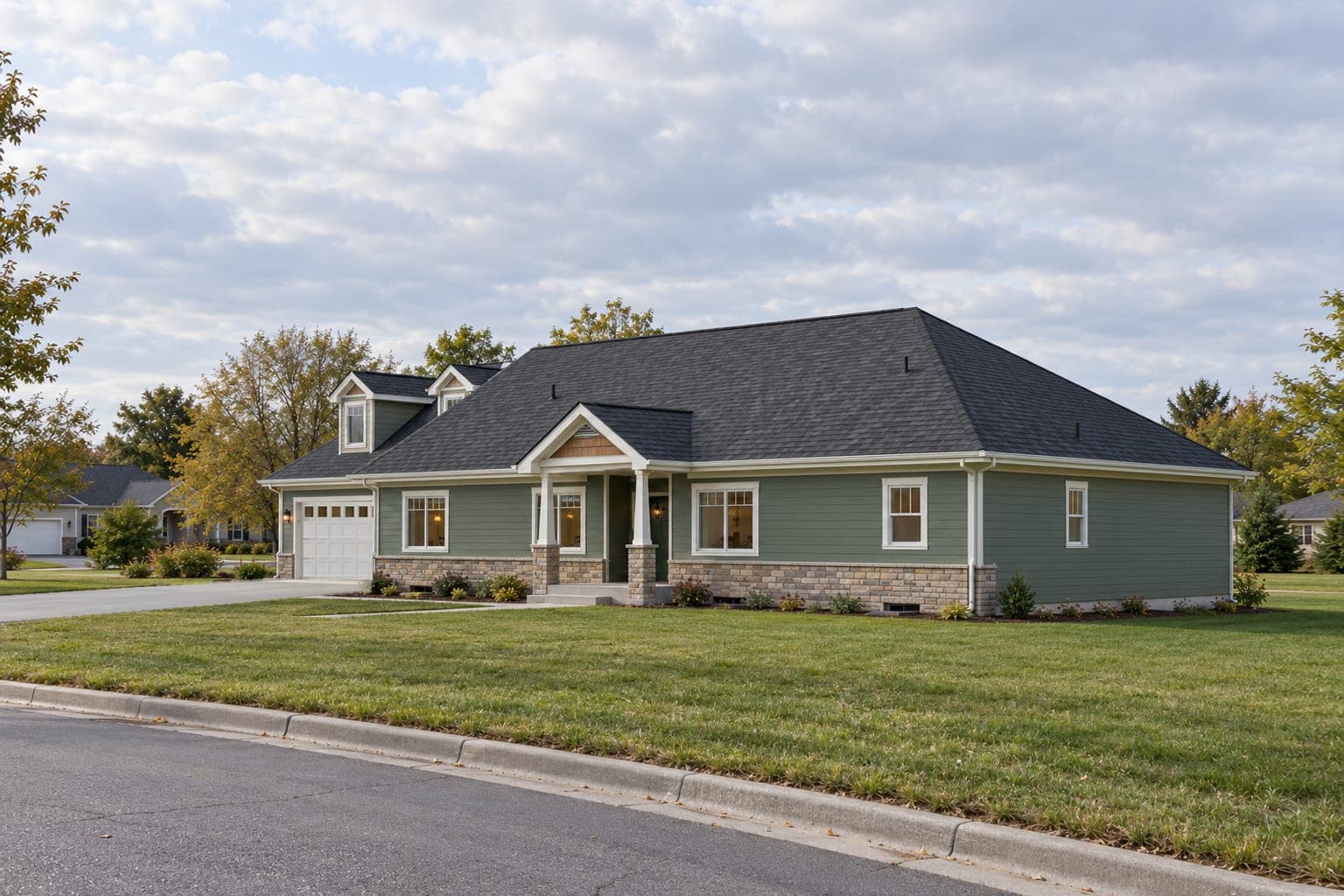 Sage-green ranch from the street with its dormers, stone wainscot and covered entry