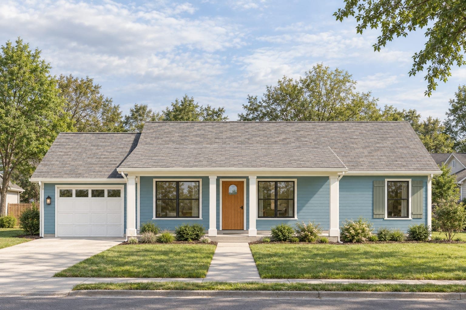 Front of a light blue single-story cottage with white porch posts, a wood front door, sage shutters and a one-car garage on the left