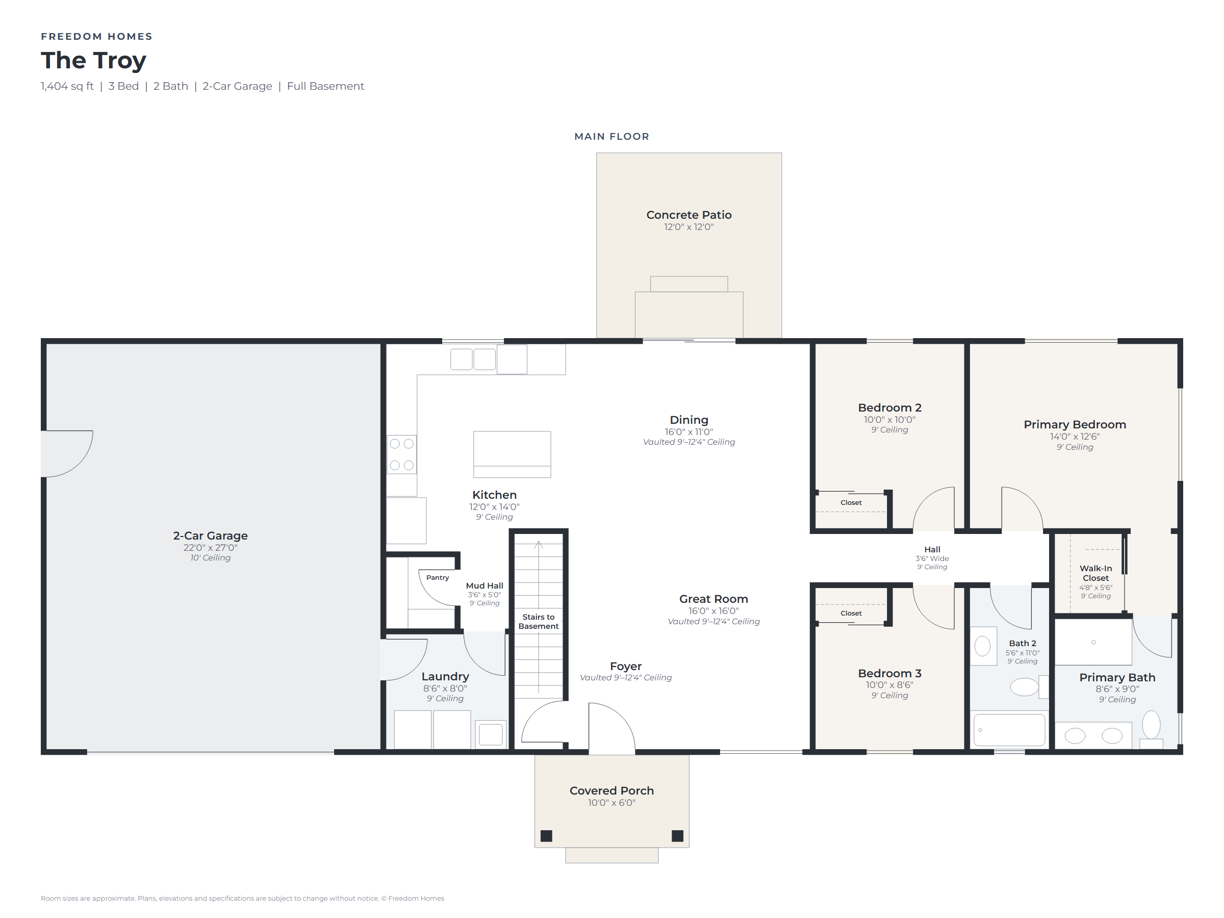 The Troy main floor floor plan with room names and dimensions