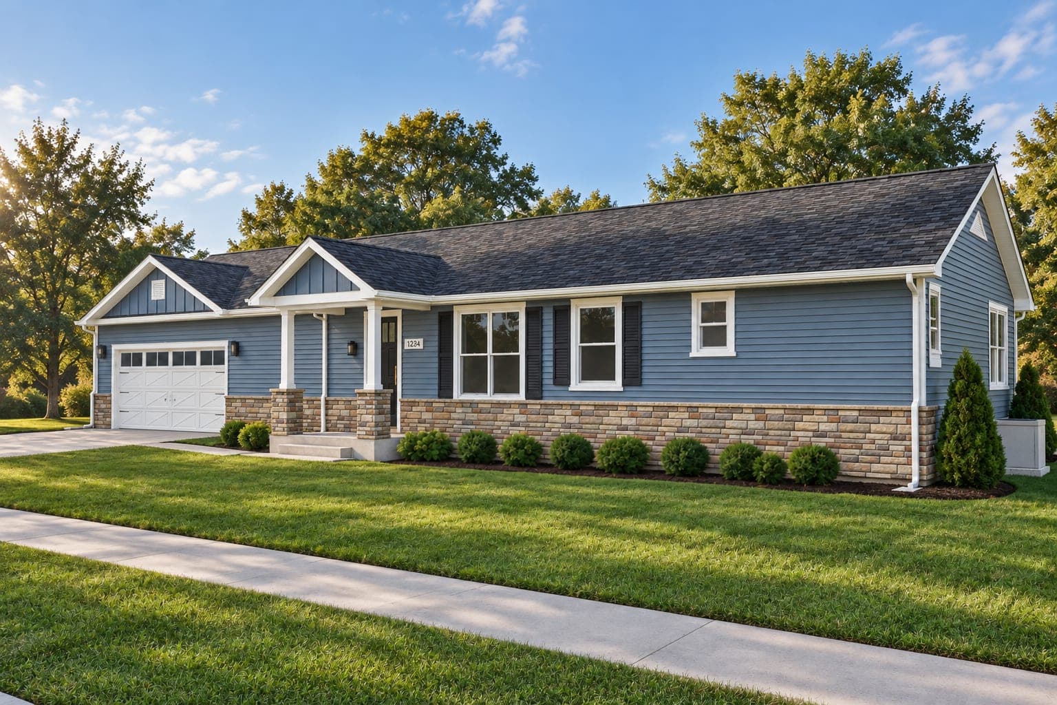Front of a single-story blue ranch home with white trim, stone wainscot, navy shutters and a covered entry porch beside a two-car garage