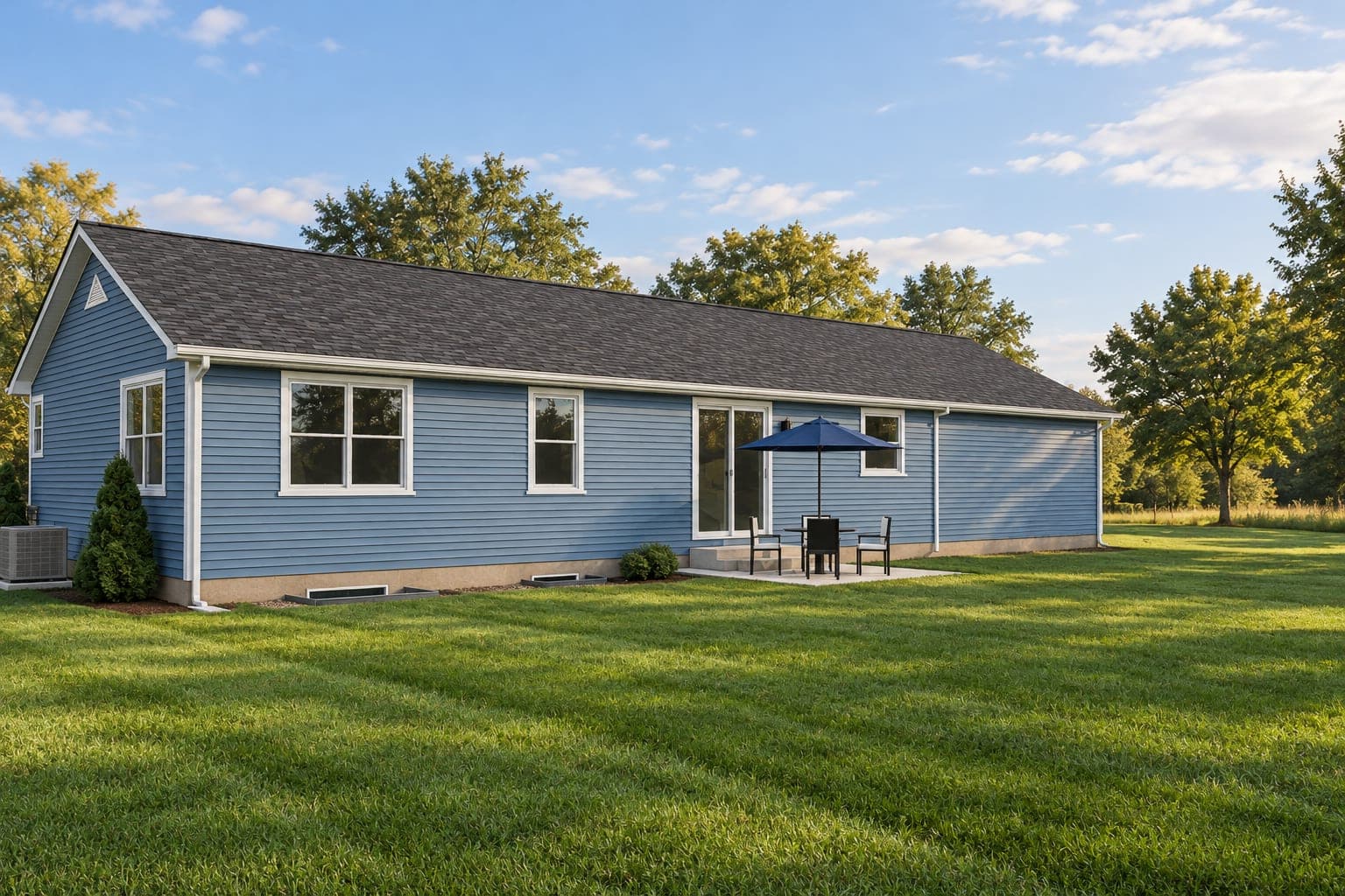 Back of a blue ranch home with a sliding patio door, small stoop and concrete patio with a table and umbrella