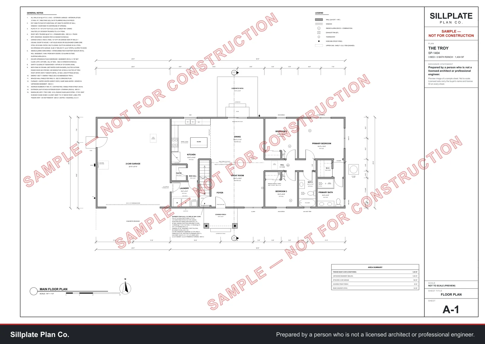 Sheet A-1, floor plan of The Troy (SP-1404), watermarked "Sample, not for construction"
